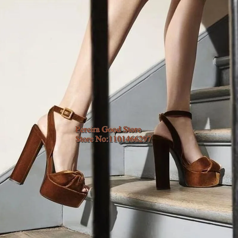 Hot Selling Chunky Heels Sandals Ankle Strap High Platform Peep Toe Dress Shoes Brown Red Black Velvet Sqaure Heels Dress Shoes - view 5