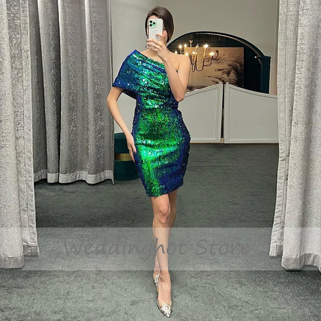 Green Sequin Cocktail Dress For Ladies 2022 One Shoulder Mini Cocktail Gown  Sparkly Sheath Sleeveless Short Glitter Party Gowns - Cocktail Dresses -  AliExpress