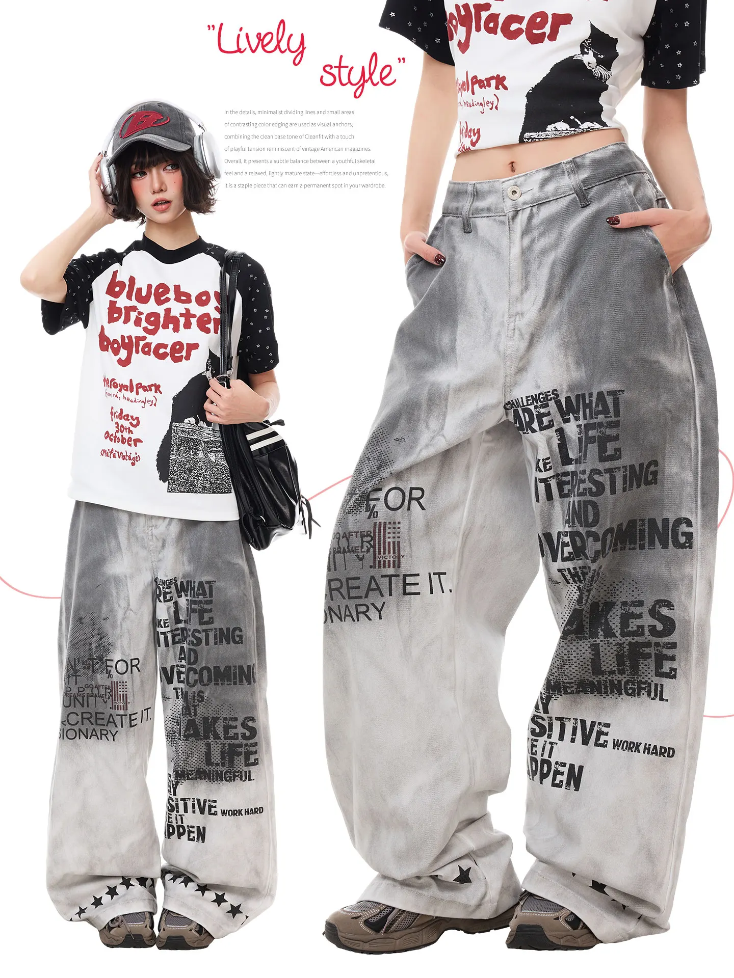 Calças Casuais Vintage Largas K787 Estilo Graffiti Americano para Homens e Mulheres, Jeans de Cintura Alta com Pernas Retas e Largas, Moda Jovem