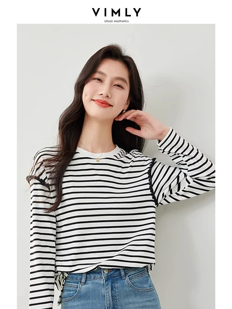 Vimly Women\'s Casual Fashion T-shirt 2024 Spring Black White Striped O-neck Long Sleeve Top Basic Tees Female Clothing M6750