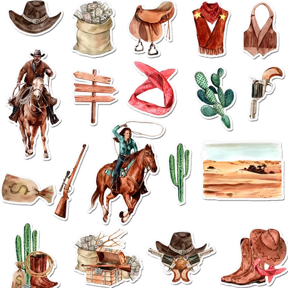 Pack of 36 Watercolor Cowboy Stickers Pack,  Scrapbook Decal Set for Journal, Notebook, Phone, Laptop DIY Craft Decoration