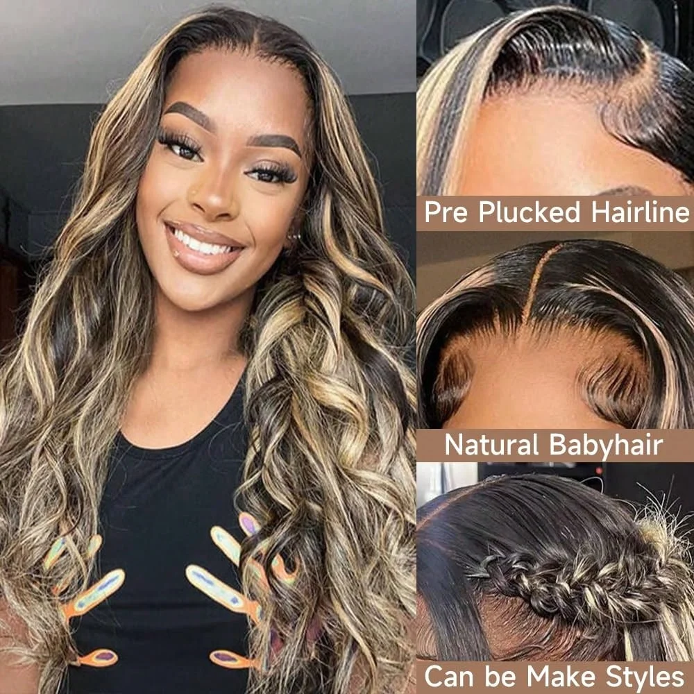 Highlight Ombre 13x4 Lace Front Wig Human Hair Body Wave1b/27  Lace Closure Wigs Pre Plucked With Baby Hair 200% For Women