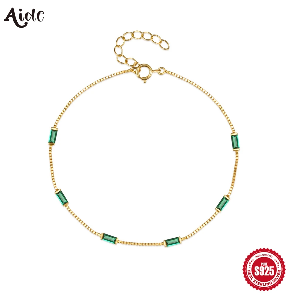 

Aide S925 Sterling Silver Green Baguette Zircon Bracelet Dainty Emerald Green CZ Chain Bracelet for Women Daily Gift Jewelry