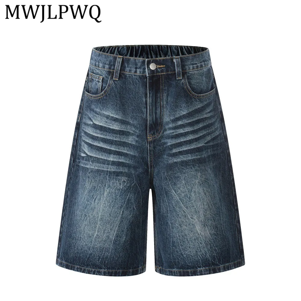 

MWJLPWQ Punk Distressed Wide-Leg Denim Shorts Washed Loose Straight For Men Summer Vibe Trendy Retro Knee-Length Pants 14433