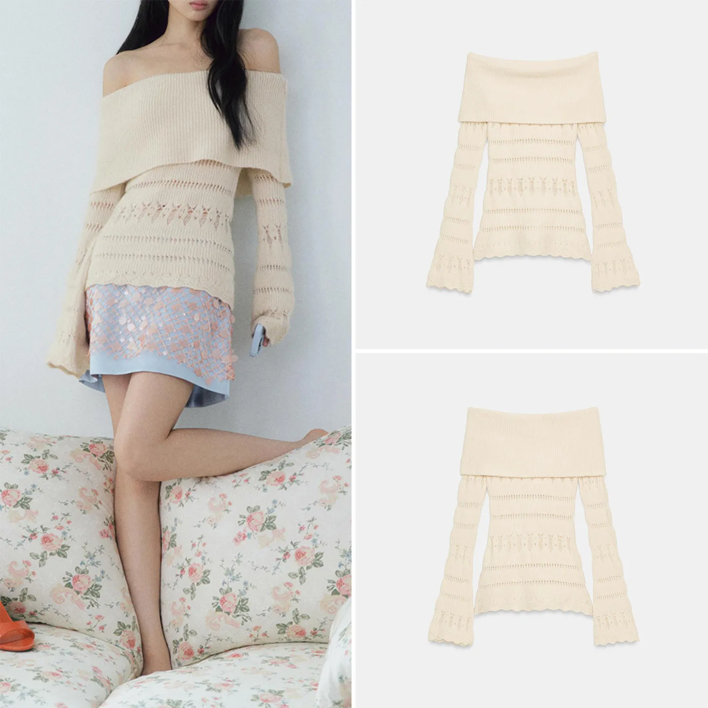 Women's Hollow out Long Sleeve Bell Bottom Straight Collar Top ZADATA Commute Style Slim Fit Backless Knitted Sweater
