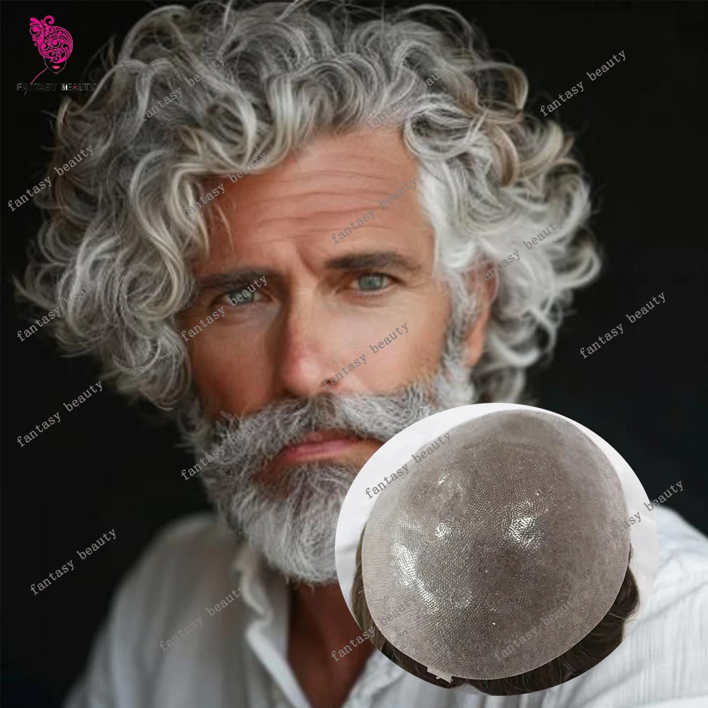 

26mm Loose Curly 1B80 520# Grey Blonde 0.06mm Natural Hairline Men's Toupee Ultra Thin Skin Full VLoop Male Human Hair Prosthesi