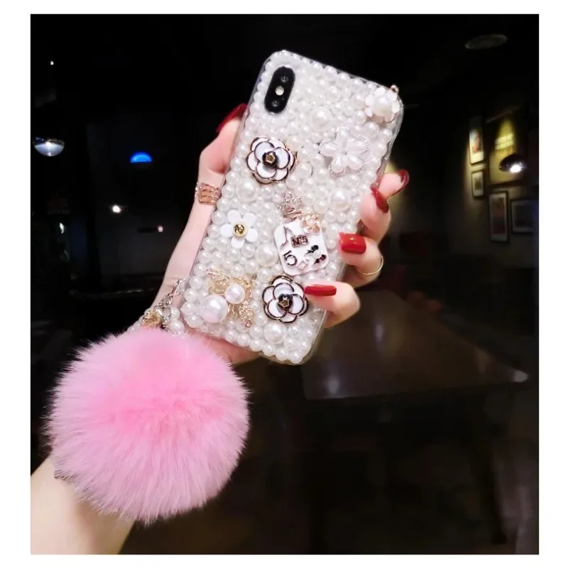 Bling Crystal Pearl Rhinestone Hairball Case, Soft Clear Cover for iPhone 14, 15, 13, 12, 16 Pro Max, 16Pro, 15Pro