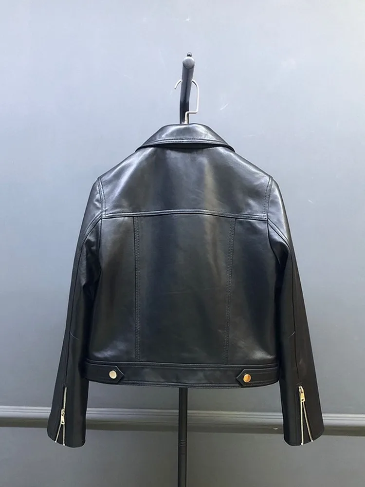 Female Autumn Winter Genuine Leather Oil Wax Jacket Turndown Collar Spring Autumn Short Coat Real Sheepskin Outerwear Fashion