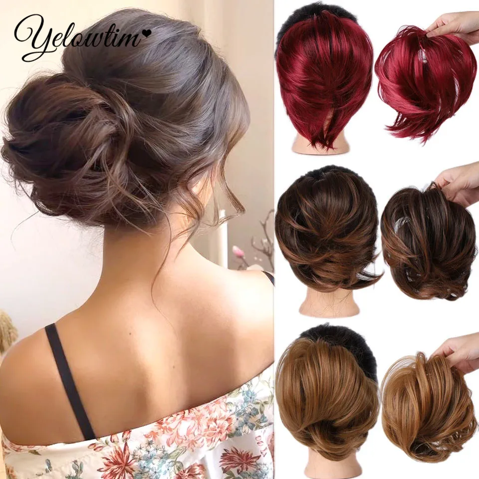 

YELOWTIM Synthetic Elastic Messy Bun Fake Hair Chignon Curly Scrunchie Updo Donut Hairpieces Bands Bundle Tail Blonde Hair For W