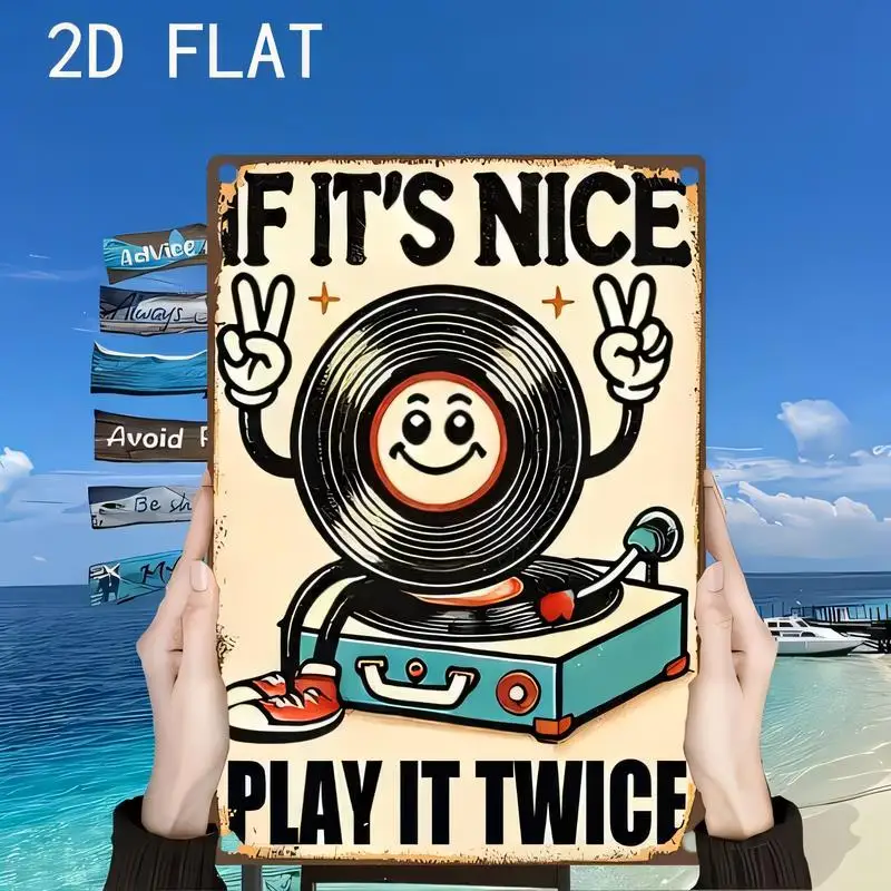 2D Flat If It's Nice Play It Twice Vintage Metal Tin Sign - Retro Cartoon Vinyl Record Turntable Design, Iron, Perfect for Room/