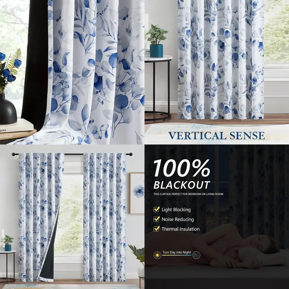 

Thermal Insulated Blue Floral 84 Watercolor Leaf Print Curtains for Bedroom
