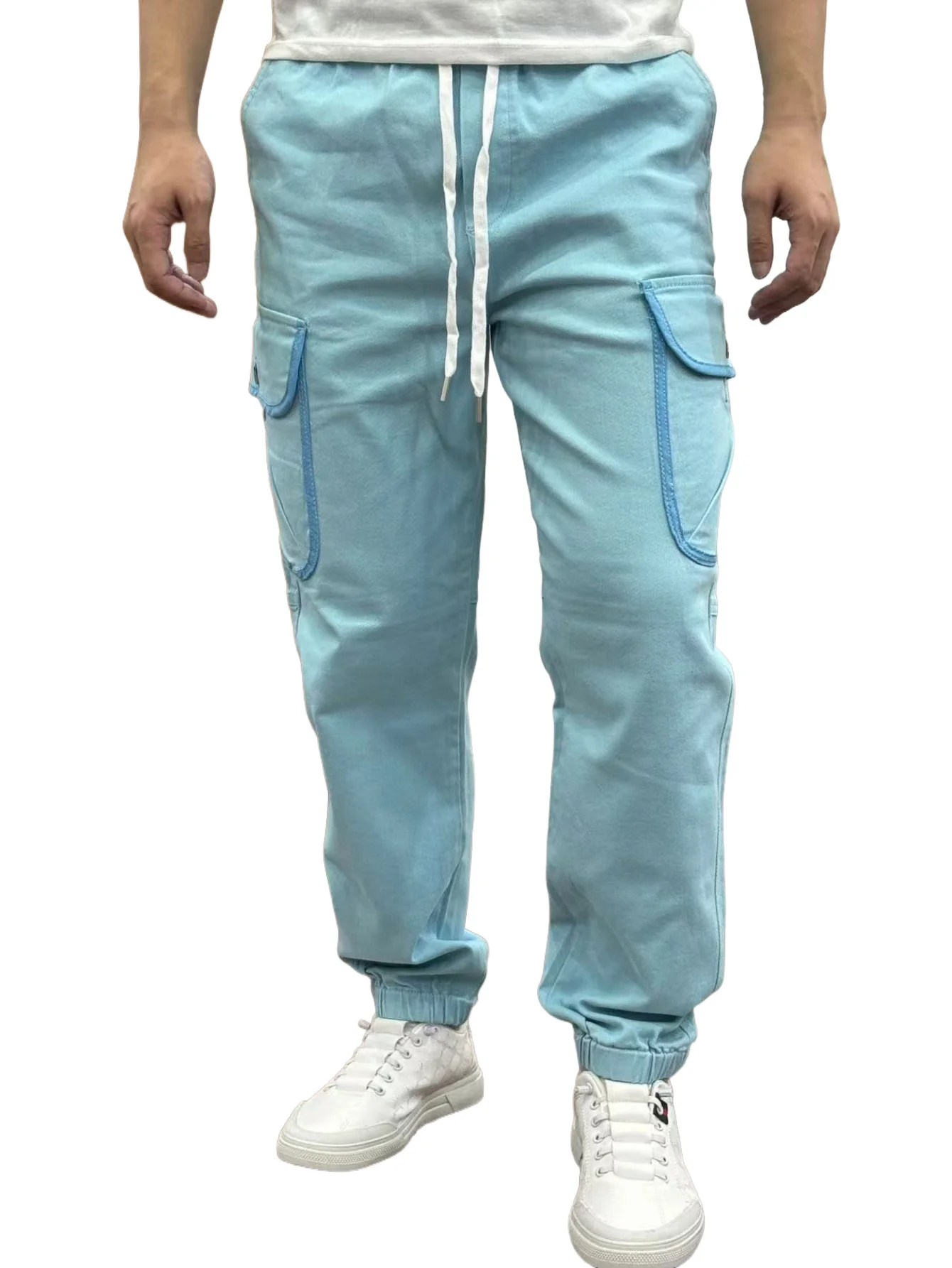 กางเกงยีนส์ผู้ชาย KING JEANS เอวยางยืดพร้อมเชือกรูดรัดขา ดีไซน์กระเป๋าหลายช่อง สไตล์ฮิปฮอปและมอเตอร์ไซค์