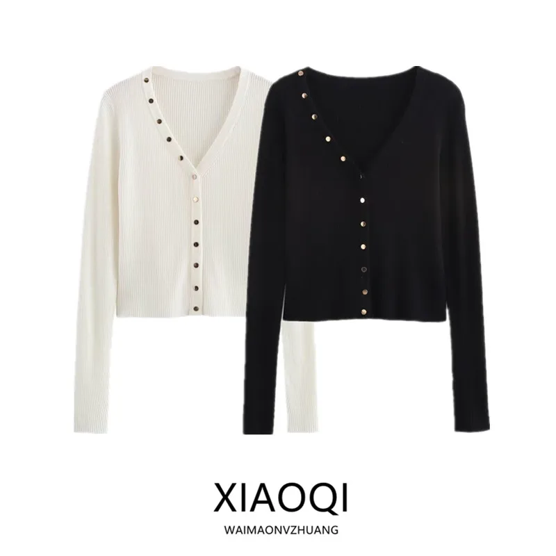 

Autumn Winter New Women's Knitted Long Sve V-Ne Top Golden Button Decoration Sweet Sle ort Length Open Cardigan