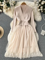 Women Autumn Winter Dress Fake Two-piece Mesh Stitching Long-sleeved Knitted Dress Long-sleeved Sweater Dress Fairy Dress