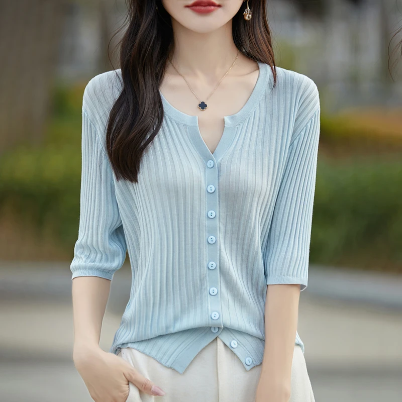 

Women's T-shirt Summer New Lyocell Sweater Half Sleeve Casual Knitwear Fit Basic Blouse Round V Neck Tops Fashion Cardigan Tees