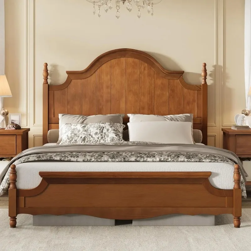 Solid Wood King Bed Frame 55 Inch Arched Headboard Wooden Slat Support No Box Spring Brown Bedroom Sleeping Frame