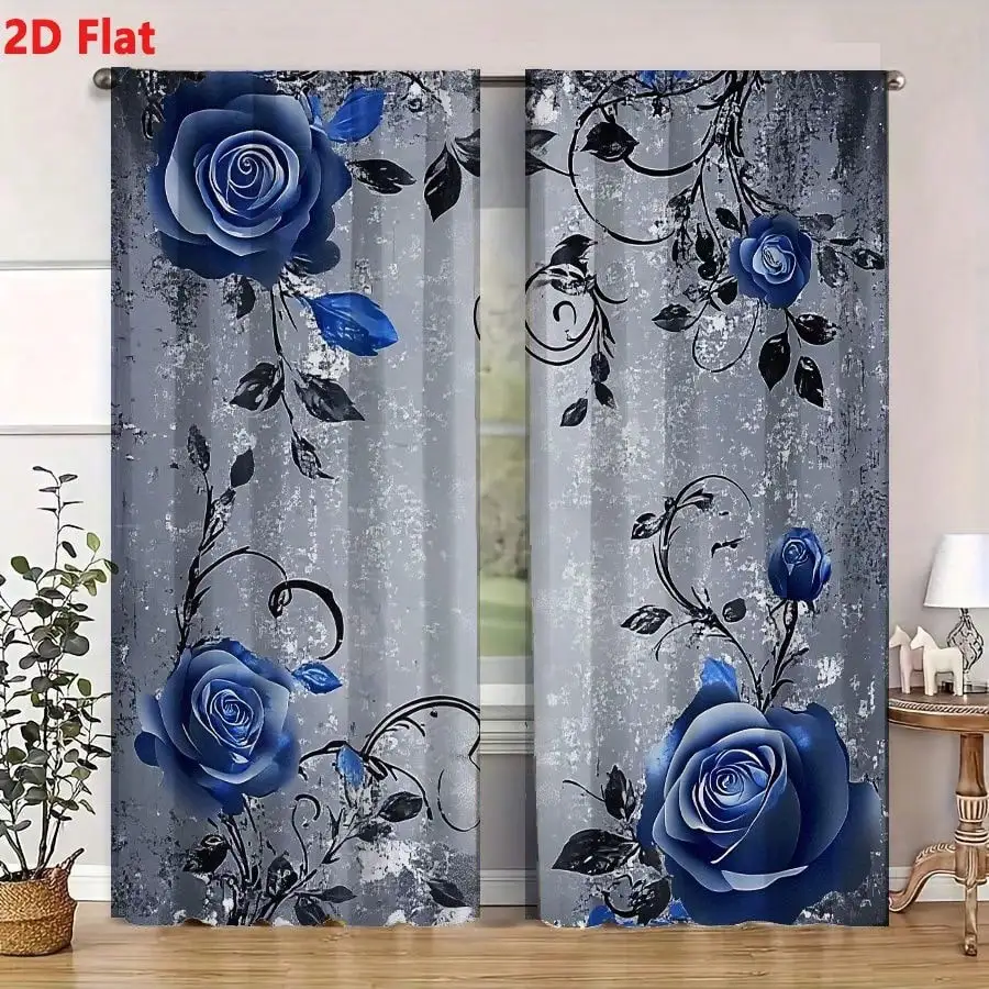 2D Flat Design - Two-Piece Curtain Set Featuring A Gray Flat Distressed Background, Decorated With Blue Roses And Black Vine