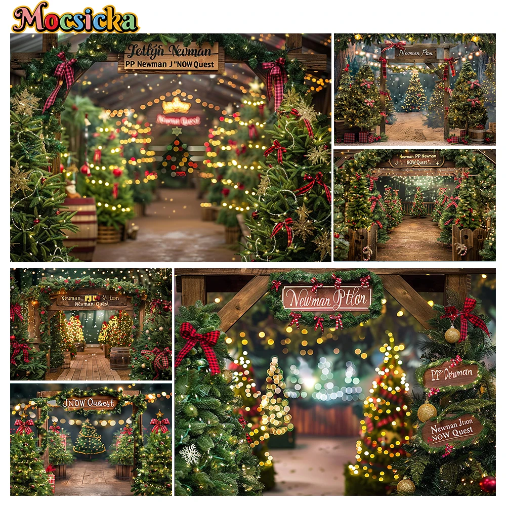 

Mocsicka Winter Christmas Photography Background Rustic Door Xmas Tree Holiday Party Family Photo Backdrops Studio