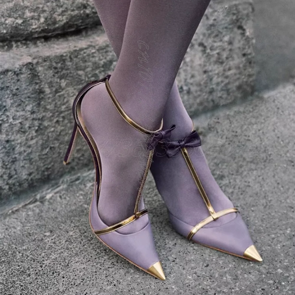 

Purple Metal Toe Pumps with Butterfly Knot Decoration Sexy Women's Ankle Strap Thin High Heels Shoes 2025 Zapatos Para Mujere