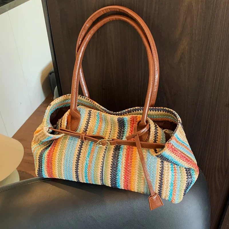 

Leather Belt Buckle Design Underarm Shoulder Bag For Women Foldable Summer Shopping Bag Large Capacity Straw Beach Handbag Tote