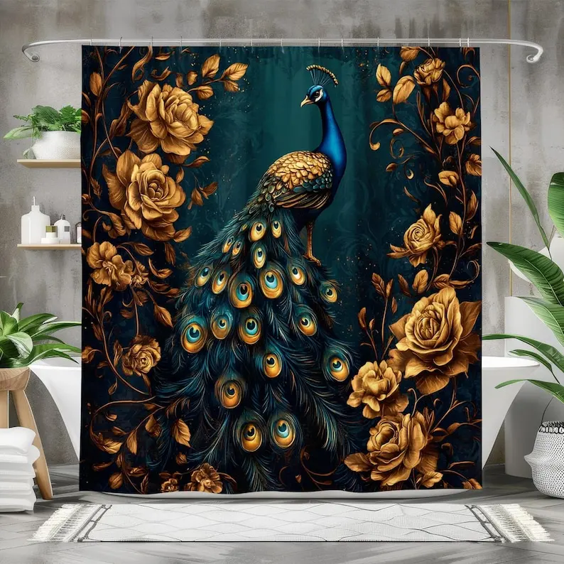 

Regal Peacock Shower Curtain Luxurious Waterproof Fabric Curtain, Bath Curtain with Peacock and Gold Floral Design