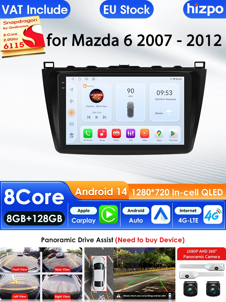 Hizpo 9'' Android 14 Auto-Multimediaplayer für Mazda 6 2007 - 2012 GPS Carplay 4G WIFI Intelligenter Bildschirm Autoradio 360°-Kamera RDS 9 Zoll Auto-Intelligent-Bildschirm QLED-Display Automotive