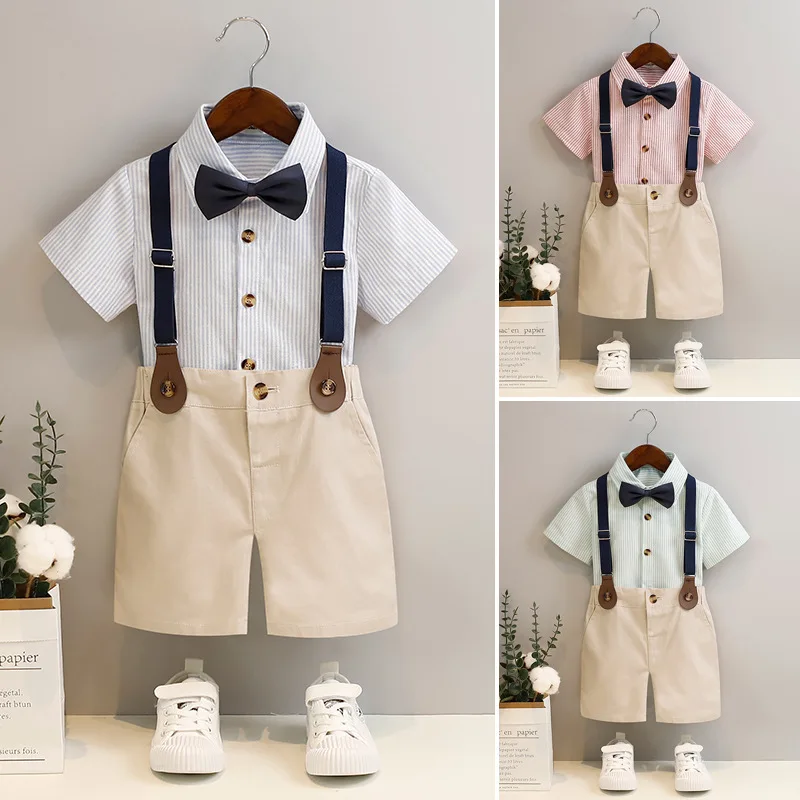 

Summer Boys' Suit Sets Handsome Short-sleeved Shirt Suspender Trousers Costumes for Children School Uniform Performance Outfits