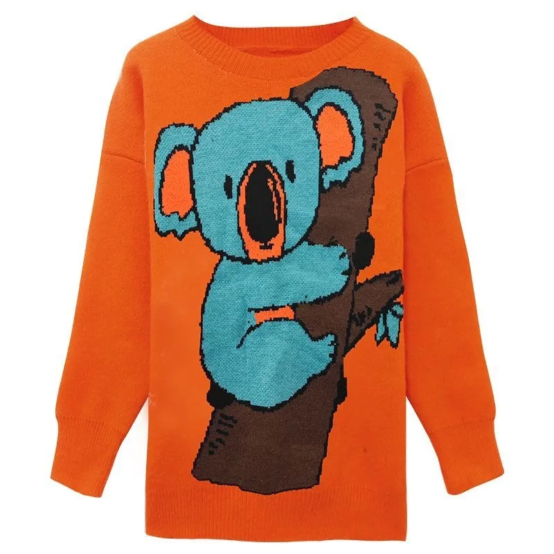 Winter Loose Oversize Koala Bear Jacquard Sweater Orange Cute Cartoon Y2K TOP E-girls Korean Sweet Women Casual Pullover Jumper