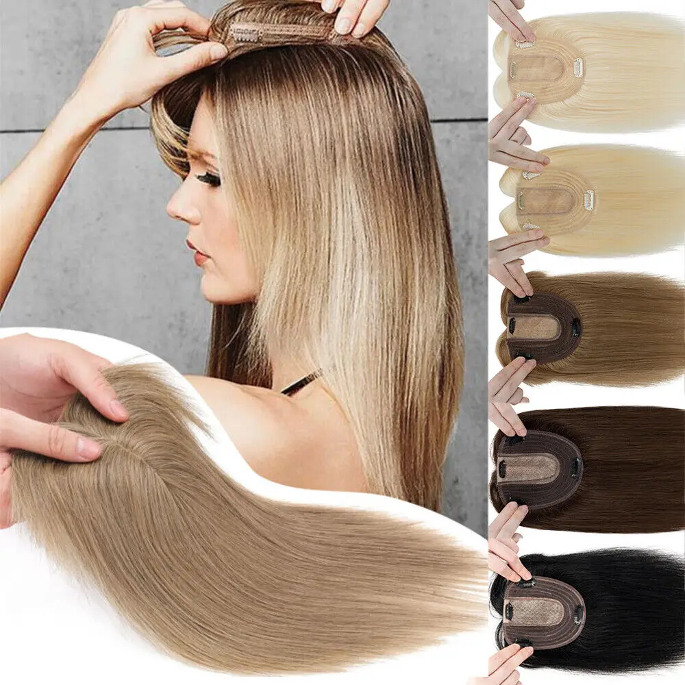 Real Human Hair Wigs Clip In Women Hair Topper Silk Base Topper with Bangs Blonde Hair Toppers for Women Hair Extensions