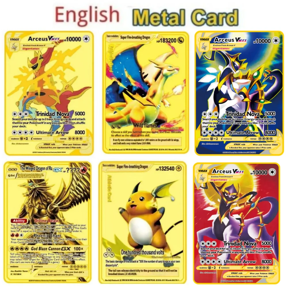 37 style English latest 10000 point arceus vmax pocket monster metal kakapi kachu spray dragon gold limited edition children's g