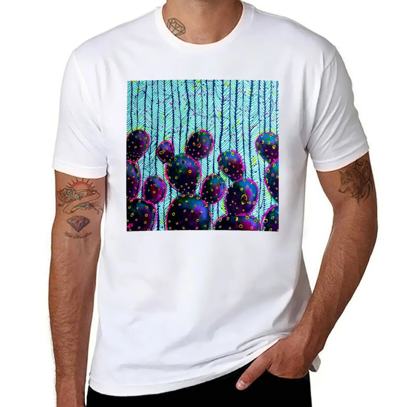 

Neon Blue Cactus Painting T-Shirt man t shirt cotton high quality cotton tshirt 100% T-Shirt