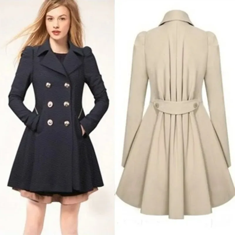 Women thin Winter Double Breasted Trench Dress Coat Lapel Jacket Flare Outwear Long Coat Women