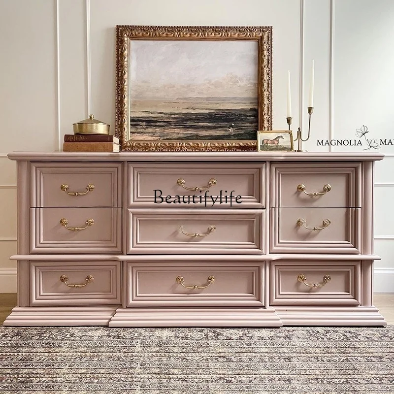 

American Country Style Solid Wood TV Cabinet French Vintage Distressed Mid-Century Living Room Sideboard Storage Cabinet
