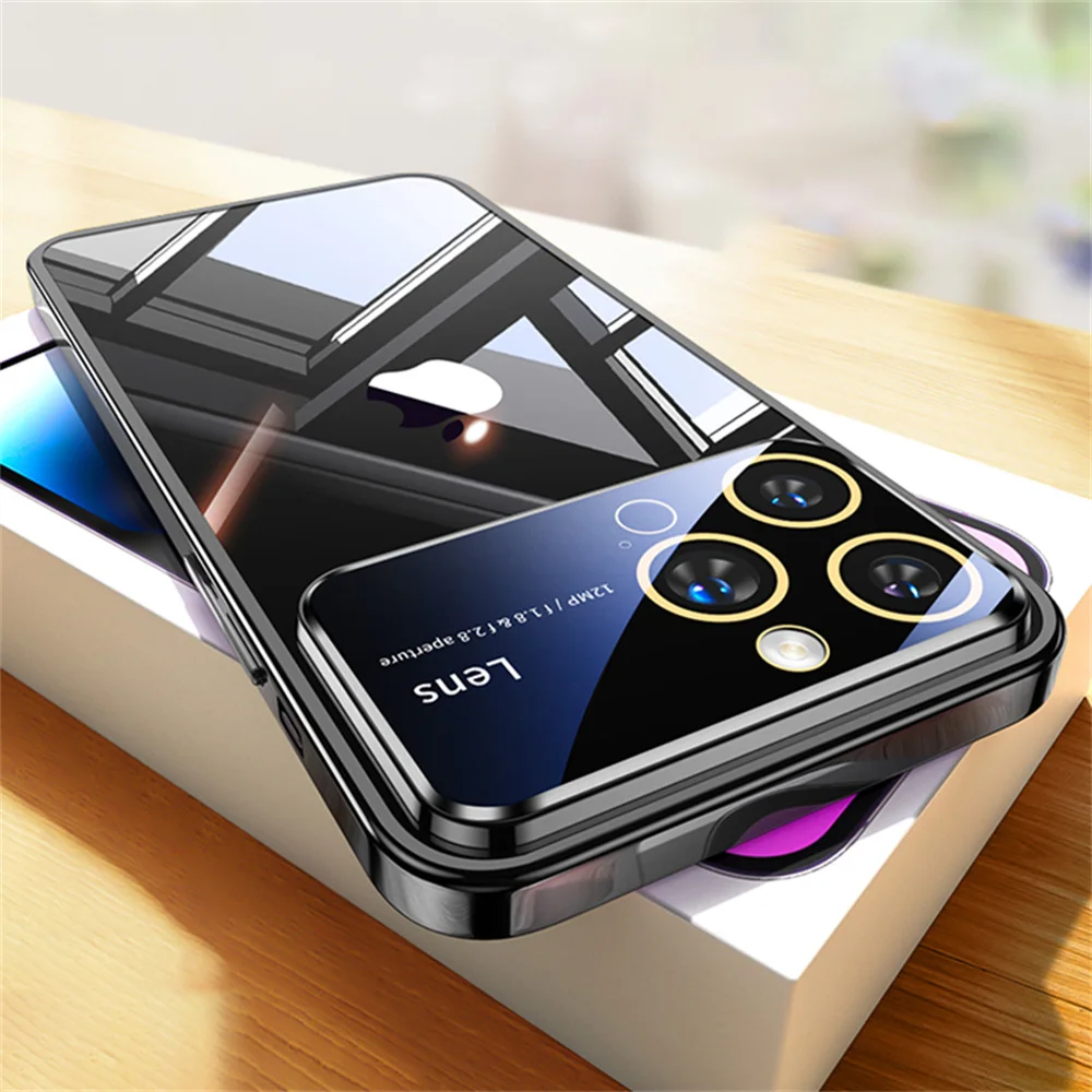 Luxo original chapeamento claro caso de telefone para iphone 15 13 12 14 pro max grande janela proteção lente completa capa à prova de choque funda