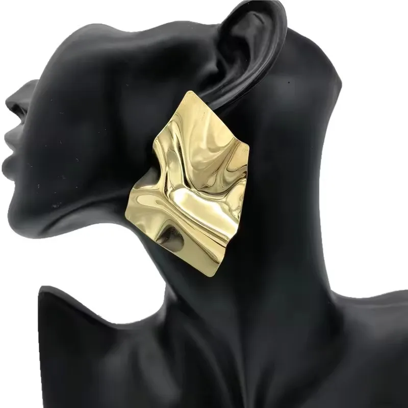 African Gold Metal Alloy Irregular Folds Geometric Square Stud Earrings Women Big Statement Earring