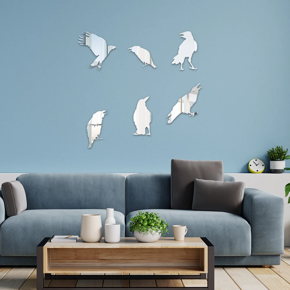 6pcs Crow mirror acrylic wall paste doorway wall decoration self-adhesive painting wall wall layout living room wallpaper