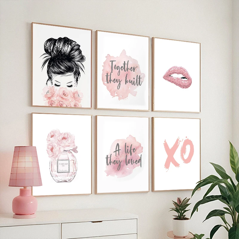 Póster Decorativo Moderno con Diseño de Letras y Flores de Perfume Pink Love, para Vestidor, Sala de Estar, Dormitorio de Niña