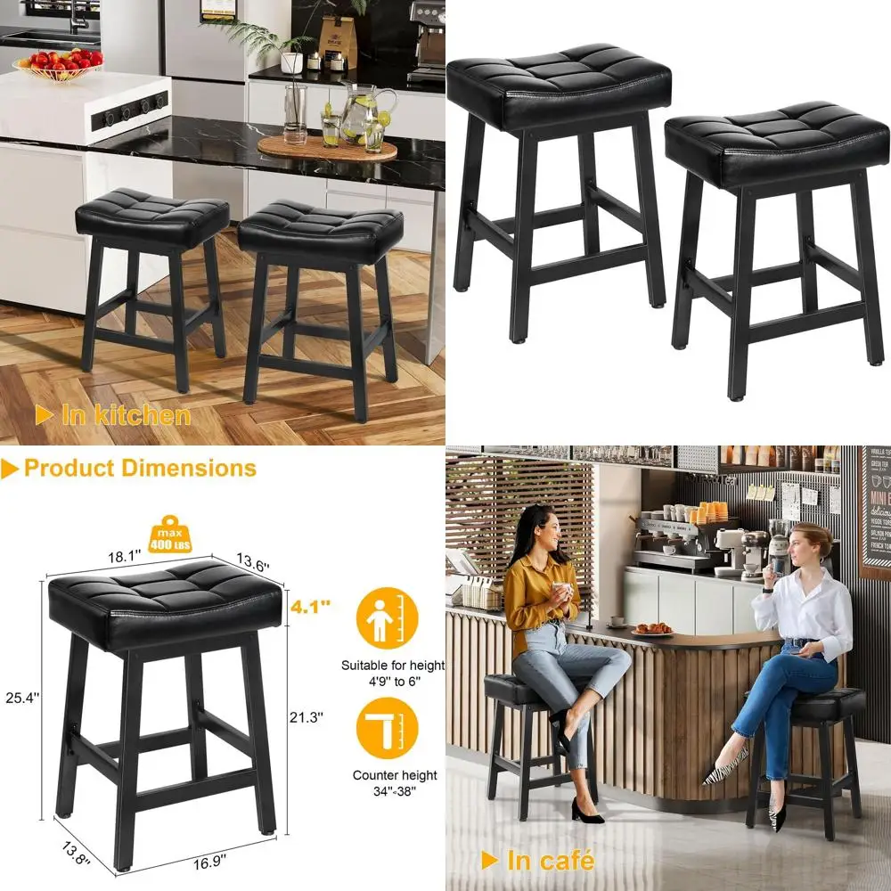 

Pair of 24.4 High Kitchen Island Bar Stools with 4.1 Thick Saddle Seats, Curved Design, Sturdy Metal Base, Easy Assembly, Black