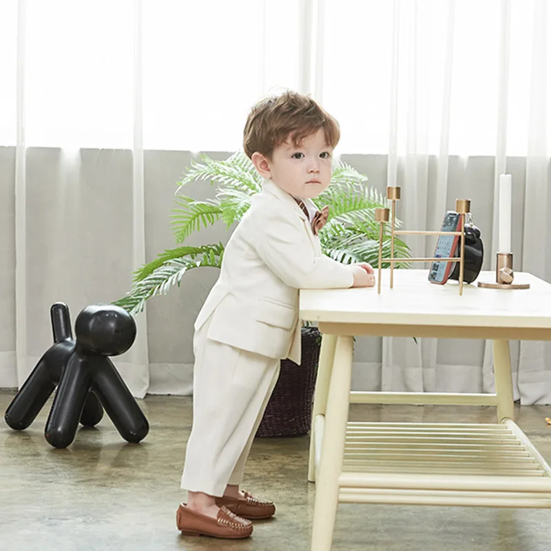 Gentleman Kids Summer White Photography Suit Children Jacket Pants Bowite 3PCS Performance Costume Baby Birthday Wedding Dress