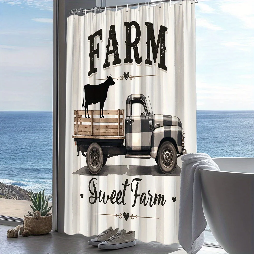 1 шт. винтажная занавеска для душа в фермерском доме с деревенским пикапом и дизайном коровы — текст «FARM SWEET FARM», черно-белая иллюстрация 1 шт. винтажная занавеска для душа в фермерском доме с деревенским пикапом и дизайном коровы — текст «FARM SWEET FARM», черно-белая иллюстрация