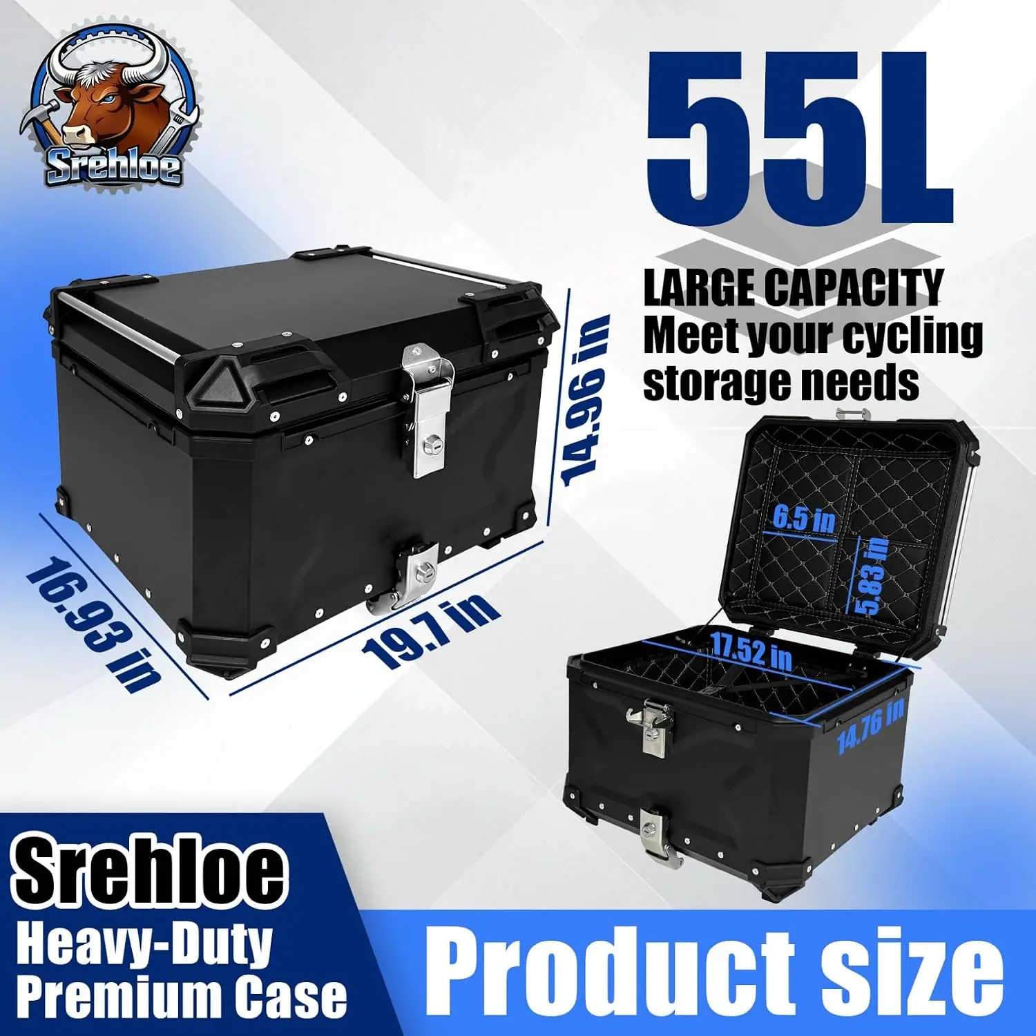 Motorcycle Top Case 55L Aluminum Alloy Waterproof Detachable Motorbike Tail Box Leather Lining Security Lock Helmet Luggage