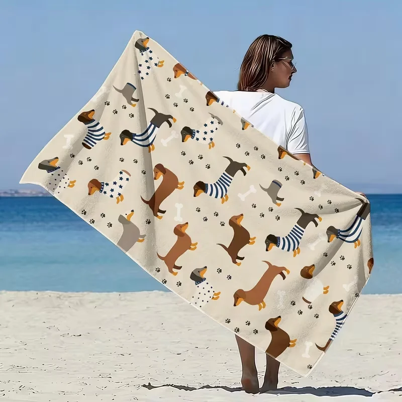 Cute Dachshund Dog Print Beach Towel Cartoon Puppy Design Quick Dry Towel Soft Lightweight Towel for Dog Lovers Kids Adults