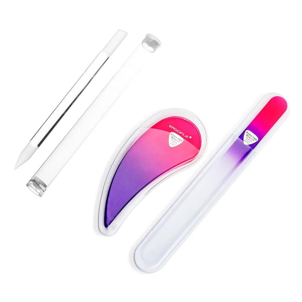 

Glass Nail File Manicure Set, Comfort Grip Ergonomic Drop Ergofile (Pink/Violet) Czech Glass with Glass Cuticle Pusher (Clear),