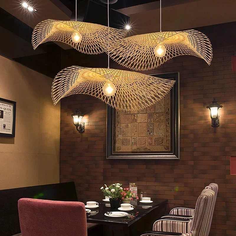 Vintage Creative Chinese Style Handmade 3pcs E27 Woven Bamboo Hanging Chandelier Restaurant Room Decor Suspension Pendant Lights