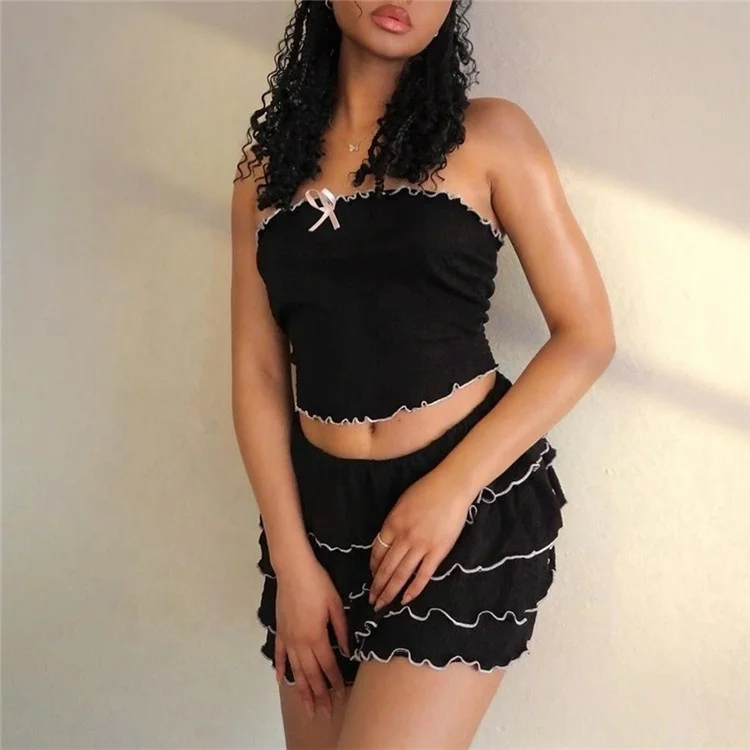 Fashion 2 Pcs Sets Black Bow Strapless Sexy Crop Tank Top Pleated Skirts Summer Women Y2K Clothes