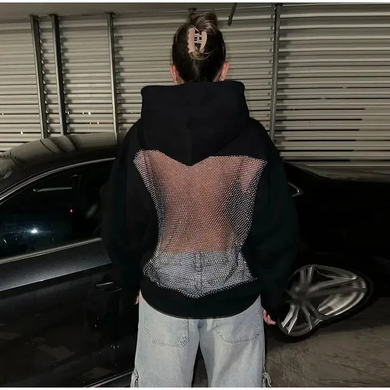 مثير القوطية شبكة عارية الذراعين هوديي المرأة شفافة المرقعة كم طويل شارع العليا البلوز الخريف الساخن الفتيات ملابس علوية #5