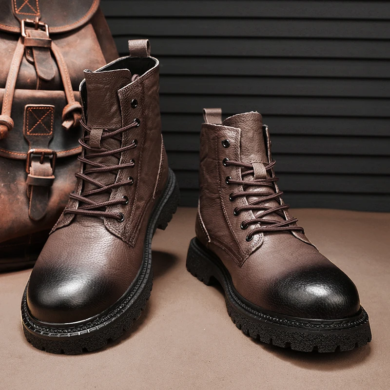 

Мужские высокие ботинки в стиле ретро, градиентные цвета с тиснением, высококачественные текстуры, нескользящие, износостойкие, дышащие, уличные мотоциклетные ботинки