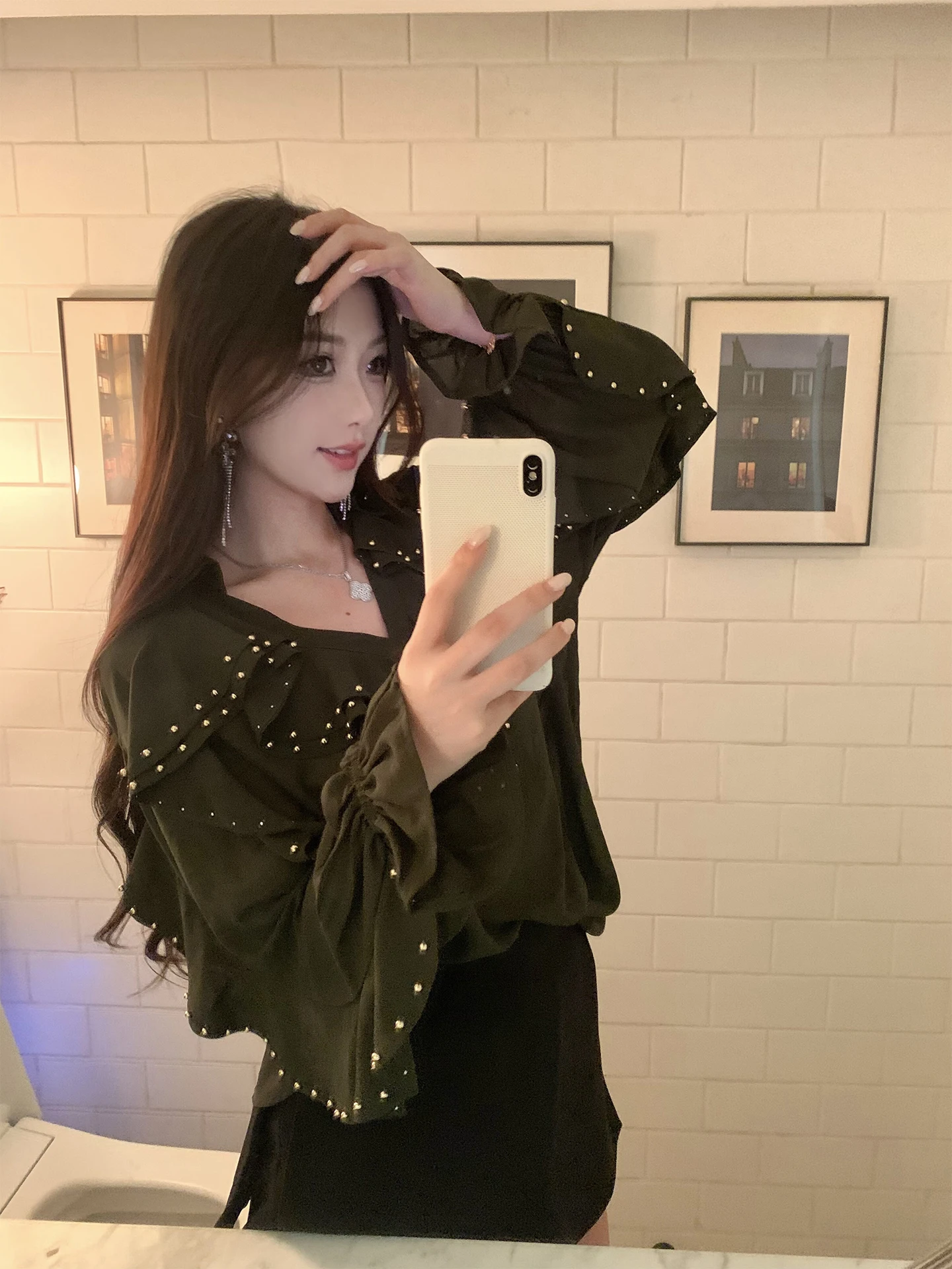 

Летняя женская модная блузка J Studio: свободный крой, драпировка, легкая, дышащая, с длинным рукавом, с богатой отделкой