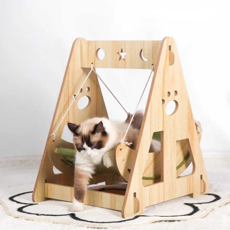 

Cat Hammock Durable Wood Frame Pet Hanging Swing Elevated Pet Bed Pet Resting Hammock Swing Chair for Indoor Cats Easy Assembly