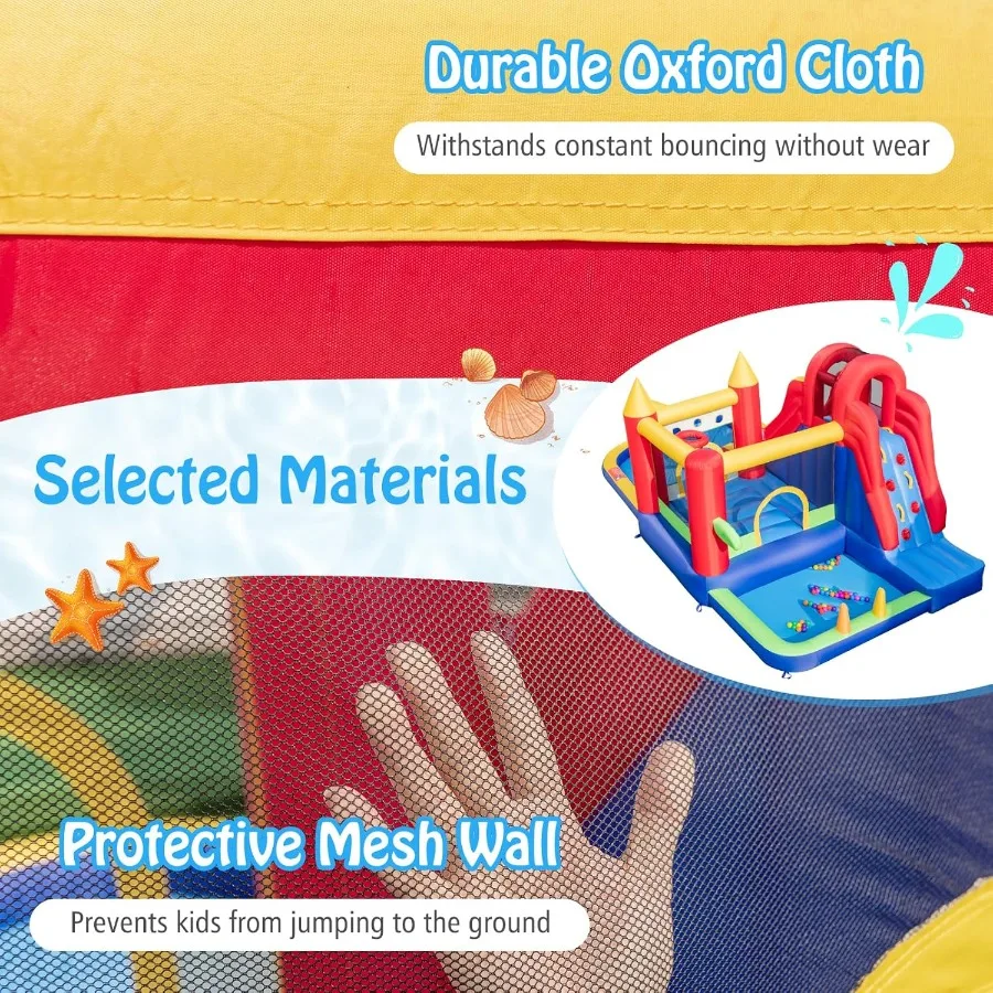 팽창식 워터 슬라이드, 9 in 1 워터슬라이드 바운스 하우스 워터파크 (스플래시 풀, 롱 슬라이드, 볼풀(볼 50개 포함))